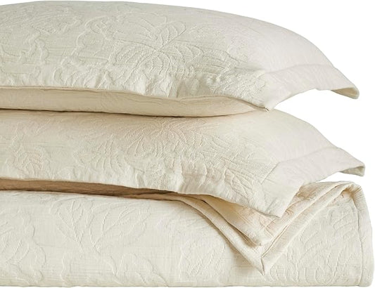 Superior 3 Piece Cotton Bedspread Set, Home Bed Decor, Decorative Bed Spread, 2 Pillow Shams, Medium Weight Blanket, Matelasse Coverlet, Bedding Essentials, Hibiscus Collection, Full, Ivory