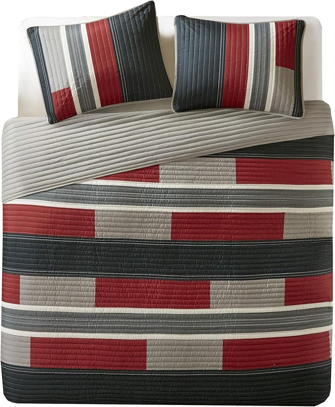 Comfort Spaces CS14-0864 3 Piece Quilt Coverlet Bedspread All Season Lightweight Hypoallergenic Pipeline Colorblock Kids Bedding Set, Full/Queen, Pierre Black/Red Stripe
