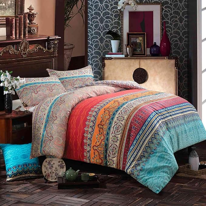 Nanko Comforter Set Queen Size, 3pc Boho Red Blue Colorful Retro Striped Pattern Print 88 x 90 inch Reversible Comforter Microfiber Duvet Sets Bedding Bohemian Exotic Modern Farmhouse for Men Women