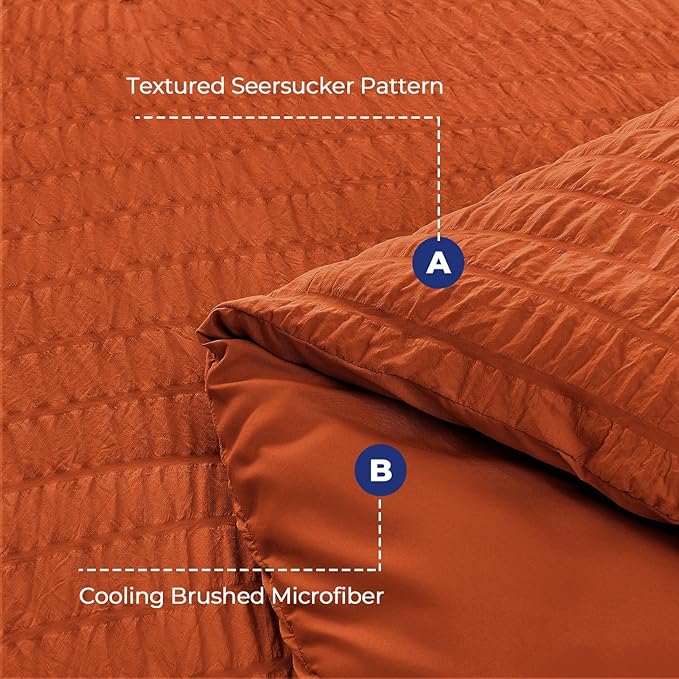 HYMOKEGE Burnt Orange Duvet Cover King Size, Ultra Soft 3-Piece Seersucker Duvet Cover Set with Zipper Closure, Soft Brushed Microfiber Bedding Set with 8 Corner Ties (104"x90", 2 Pillowshams)