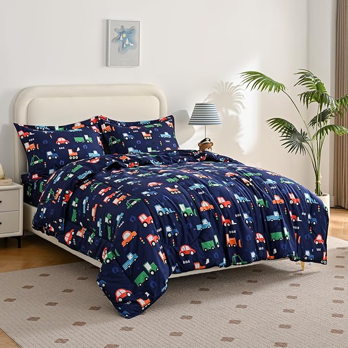 Yibeizi Car Kids Comforter Set for Boys Twin, Cute Reversible Quilted Navy Blue Printed Construction Toddler Bedding Set with Pillow Sham, Lightweight Soft Breathable Machine Washable Bed Set 2 Piece