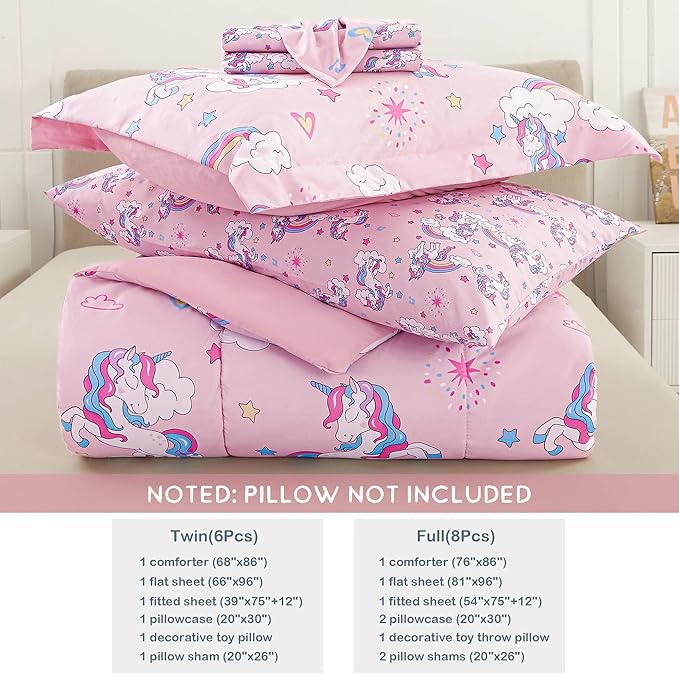 Mooreeke Kids Full Comforter Sets for Girls 8 Pieces Pink Unicorn Bedding Set for Teens Soft Microfiber Kids Bed in A Bag with Comforter, Sheet Set, Shams and Decorative Toy Pillow All Season