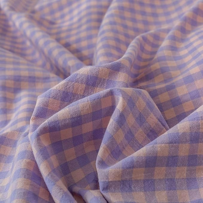 mixinni Purple Gingham Grid Duvet Cover Twin, 100% Washed Cotton Modern Geometric Bedding Set with 2 Pillowcases, Farmhouse Style Yellow Plaid Comforter Cover Set for Men & Women, Soft & Lightweight