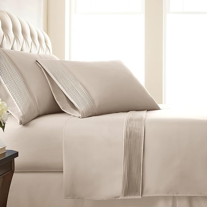 Southshore Fine Living, Inc. 4-Piece King Size Sheets Set, Deep Pocket Bed Sheets, King Size Set with Extra Deep King Size Fitted Sheet, Pleated Flat Sheet and 2 Pillow Cases, Bone Sheets King