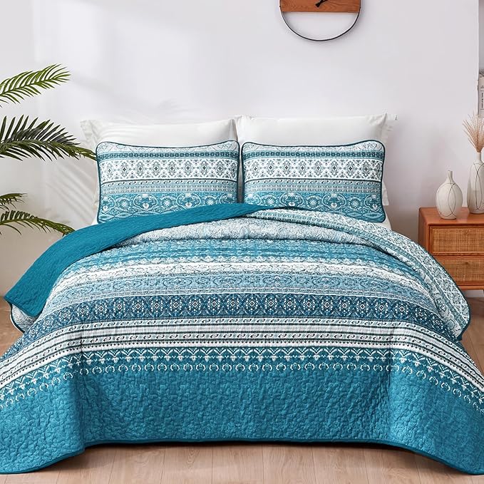WONGS BEDDING Boho King Quilt Set, Teal and Blue Bohemian Quilt Bedding Set, Lightweight Bed Decor Bedspread for All Season Reversible Microfiber Coverlet Bedding Set 103"x90"(3 Pieces)