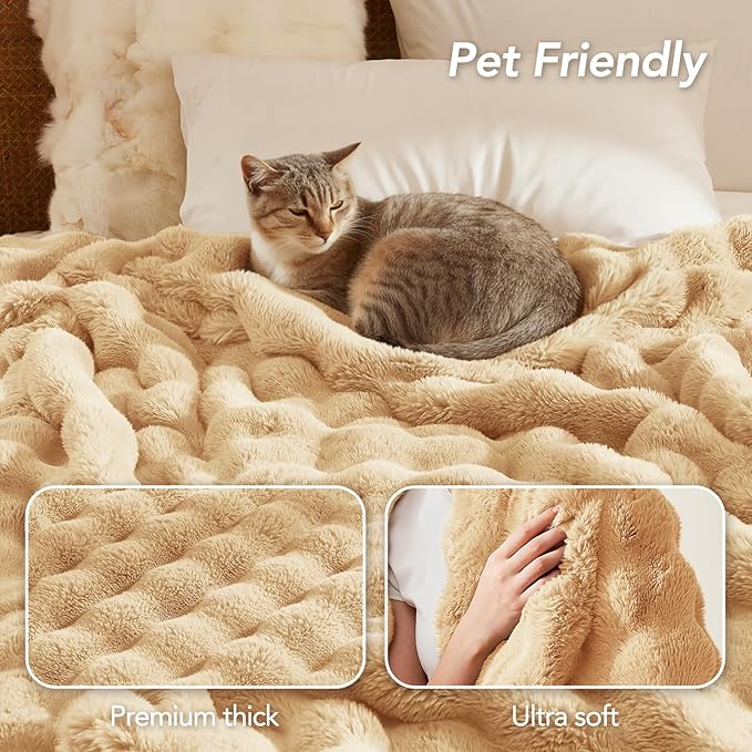 L'AGRATY Faux Rabbit Fur Blanket: 50" x 60" Luxury Soft Fluffy Thick Fur Throw Blanket for Couch Bed - Cozy Plush Bubble Blankets for Winter: Warm Flannel Fleece Decorative Blanket(Milk Tea Brown)