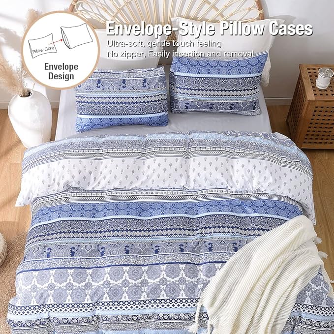 Lekesky Boho Queen Size Duvet Cover Set, Boho Blue Retro Comforter Cover Queen Size Floral Striped Printed, Luxury Soft Microfiber Bedding Set with Zipper Ties