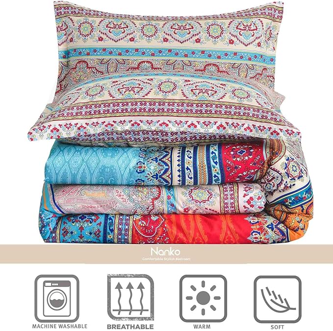 Nanko Comforter Set Queen Size, 3pc Boho Red Blue Colorful Retro Striped Pattern Print 88 x 90 inch Reversible Comforter Microfiber Duvet Sets Bedding Bohemian Exotic Modern Farmhouse for Men Women
