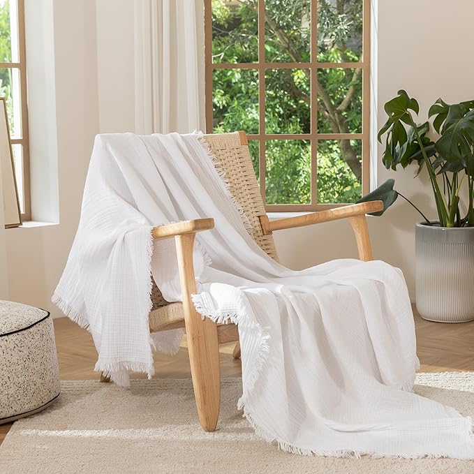 MooMee Muslin Blanket - 100% Cotton 4-Layer Gauze Throw Blanket with Tassels Ultra-Soft Breathable Lightweight Cooling for Bed Couch (Bright White,Oversized Queen 98" x 98")