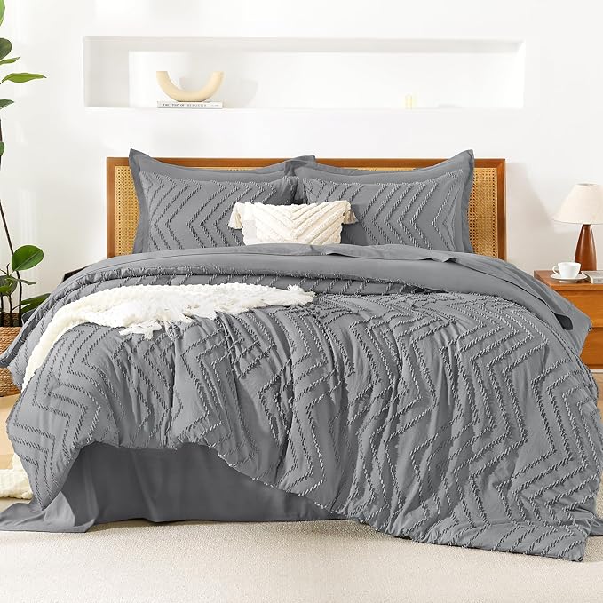 Litanika Full Size Comforter Set with Sheets Medium Gray - 7 Pieces Bed in a Bag Full Chevron Tufted Complete Bedding Sets with Comforter, Sheets, Pillowcases & Shams