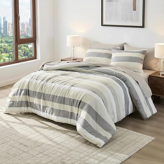 Full Size Modern Striped Comforter Set, Lightweight Soft Microfiber Bedding Sets for All Season 7 Pieces Bed in A Bag Set with Comforter, Sheets, Pillowcases & Shams, Neutral