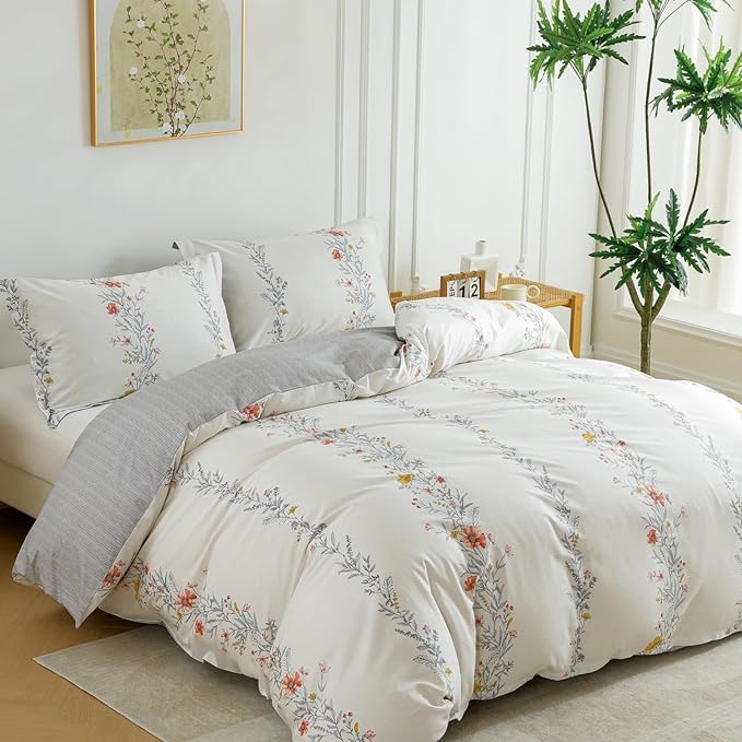 OAITE Duvet Cover Set King Size Floral Pattern Ultra Soft 100% Cotton Duvet Cover Sets 3-PC, Breathable Duvet Cover with Zipper Closure & Corner Ties(2 Pillow Shams,1 Duvet Cover)
