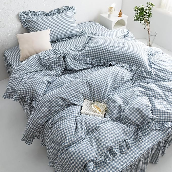 mixinni Blue White Gingham Ruffle Duvet Cover Full Size 3 Pieces – 100% Washed Cotton, Vintage Plaid Ruffled Bedding Set with Zipper Ties, Soft Checkered Grid Farmhouse Chic Comforter Cover Set