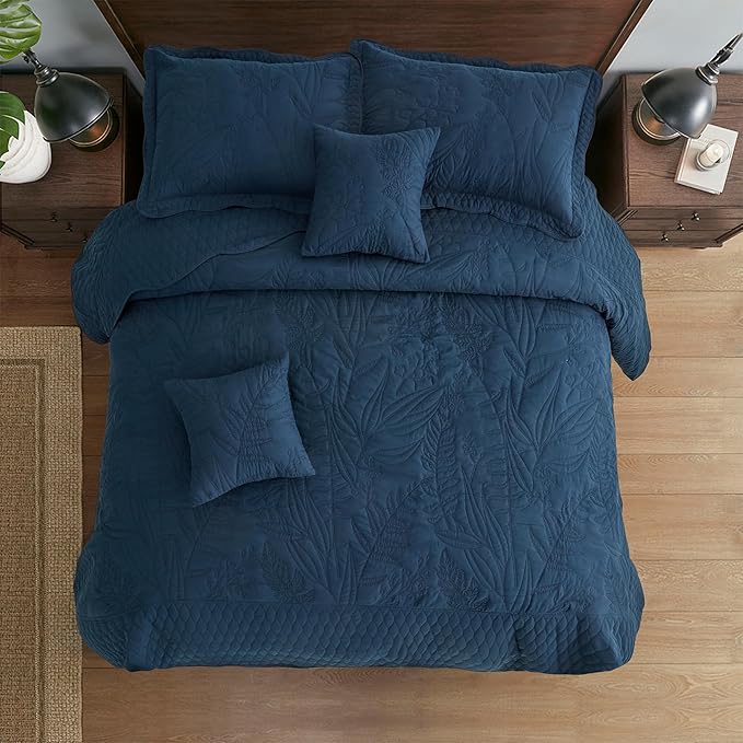 Botanical Bedspread Full Size - Leaves Pattern Stitching Quilt Set - Elegant & Fresh Style Bedding Coverlets, Reversible, Lightweight, 5 Piece, Navy