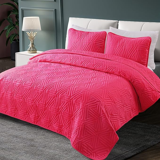 Whale Flotilla Soft Twin Size Quilt Set for All Seasons, 2-Piece Ultrasonic Geometric Quilts Bedding Set, Lightweight Reversible Bedspread, Coverlet, Bed Cover with Pillow Sham, Hot Pink
