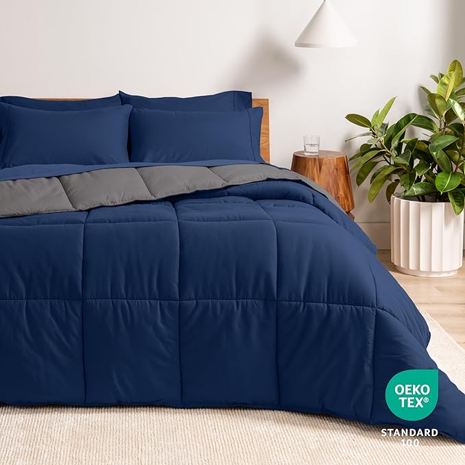 Bare Home Reversible Bed-in-A-Bag Comforter & Sheet Set - Full - Down Alternative - Soft - Bedding Set (Full, Dark Blue/Grey, Dark Blue)