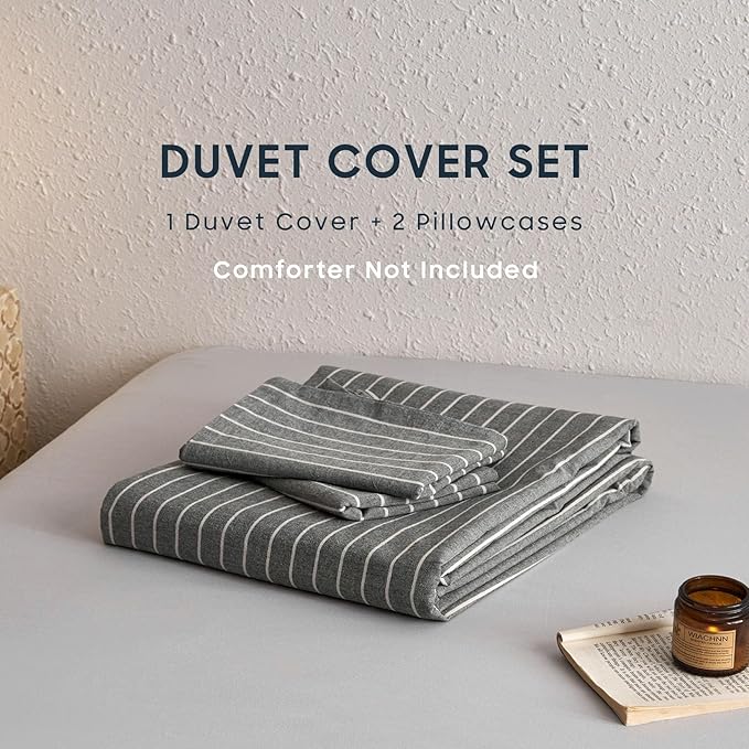 Wake In Cloud - Striped Cotton Duvet Cover Set, Ticking Stripe Vertical Pinstripe Farmhouse, 100% Washed Cotton Textured Percale Bedding Set, 3 Pieces, Gray, Twin Size