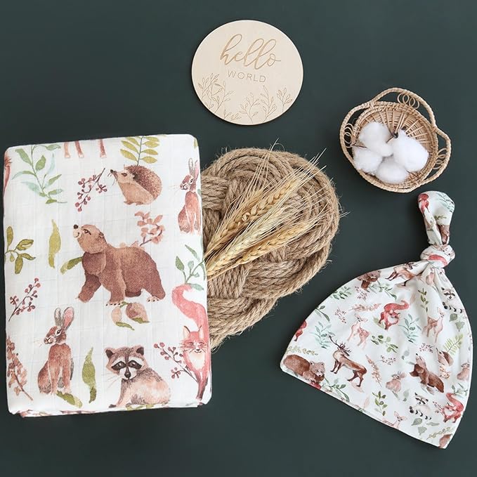 LifeTree Muslin Swaddle Blankets, Muslin Baby Boy Swaddle Blanket and Hat Set with Birth Announcement Card, Newborn Unisex Receiving Blankets Woodland Forest Animals
