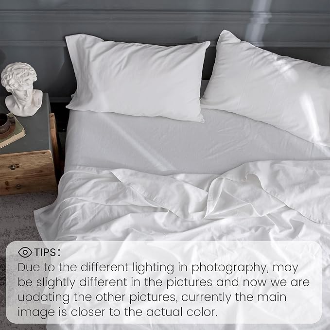 Simple&Opulence Belgian Linen Sheet Set Solid Color - 3 Pieces (1 Flat Sheet, 1 Fitted Sheet & 1 Pillowcase) Natural Flax Cotton Blend Soft Breathable Farmhouse Bedding - Twin Size, White