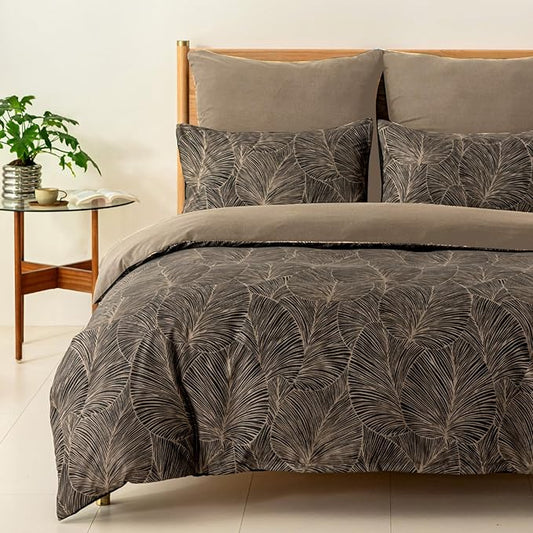 Lekesky Queen Size Duvet Cover Set, Reversible Queen Comforter Cover with Tropical Leaves Pattern, Soft 100% Washed Microfiber 3 Pieces Khaki Bedding Set with Zipper and 2 Pillowcases