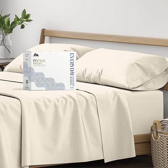Mayfair Linen 100% Organic Cotton Sheets Queen Size - 4 PC Ivory Organic Cotton Percale Sheets Queen Set, Soft, Cooling & Breathable Bedsheets, 16" Deep Pocket Hotel Bedding Set - GOTS Certified