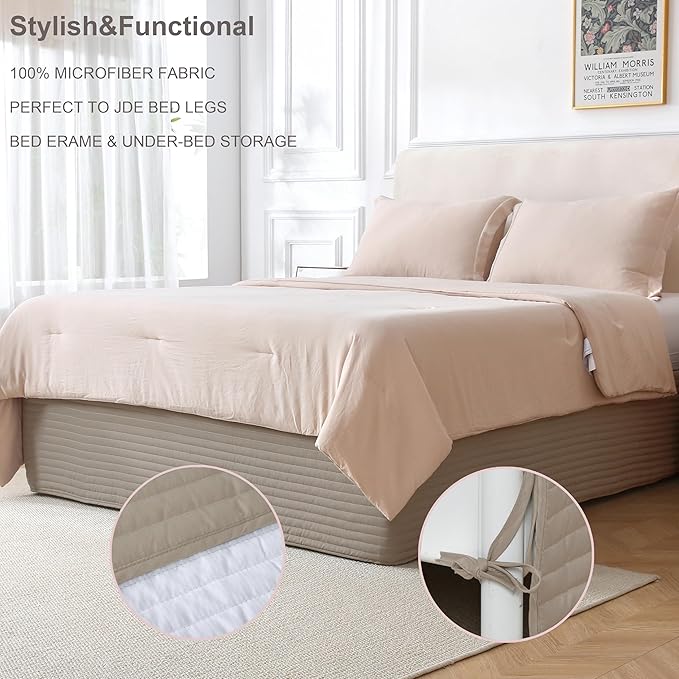 Full Size Khaki Bed Skirt with 14-Inch Drop, Easy Fit Wrap-Around Cover for Bed, Wrinkle-Free and Fade-Resistant Box Spring Cover. (Linen Stripes, Full)