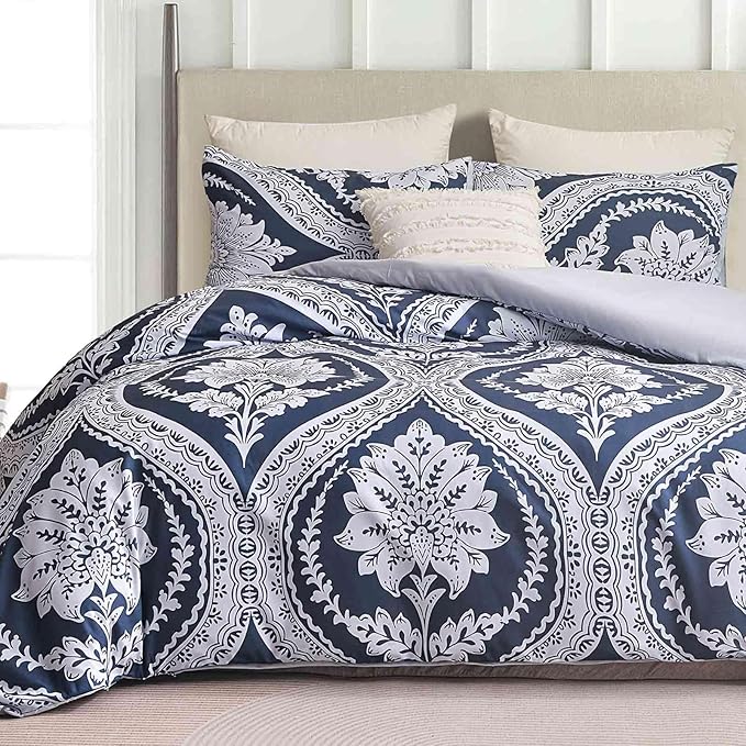 Nanko Boho Duvet Cover Set Queen Size, Navy Blue White Floral Damask Print Pattern, Soft Microfiber Reversible Comforter Bedding Cover Zip Ties - Vintage Bohemian Farmhouse for Women Men, 3 Pcs 90 x90