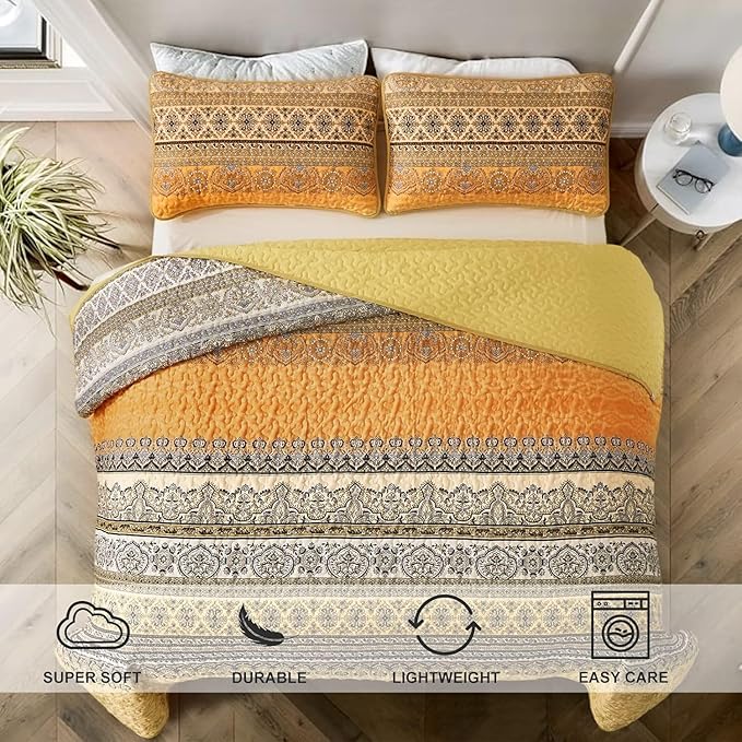 WONGS BEDDING Boho Queen Quilt Set, Yellow Orange Bohemian Queen Quilt Bedding Set, Lightweight Microfiber Bed Decor Bedspread for All Season 96"x90"(3 Pieces)