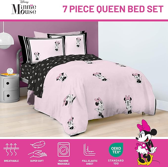 Jay Franco Kids Comforter Set Includes Sheets and Pillow Covers - Soft and Cozy Bed Set for Stylish Room Decor, Official Licensed Bedding, Multi - Minnie Mouse, 7 Piece Queen