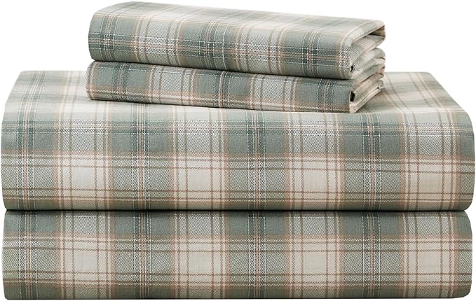 Comfort Spaces 100% Cotton Sheets Twin, Breathable, Naturally Cool Cotton Sheets, Soft Cotton Bed Sheets with 12" Elastic Pocket Fits up to 14" Mattress, All Seasons Sheet Set, Wesley Green 3 Piece