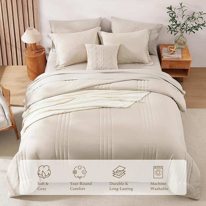 Monbix Twin XL Size Comforter Set - Extra Long 5 Pieces Dorm Bedding Sets, Quilting Design Fluffy Bed in a Bag Twin XL with Sheets, Pillowcase & Sham(Apricot Beige)