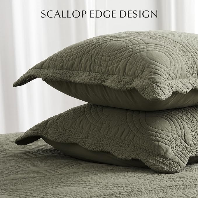EVERGRACEHOME 100% Cotton Scallop Quilt Set, King Size 3 Piece Set – Lightweight Bedspread with 2 Shams, Soft Prewashed Matelasse Coverlet for Cozy and Elegant Bedding, Olive Green