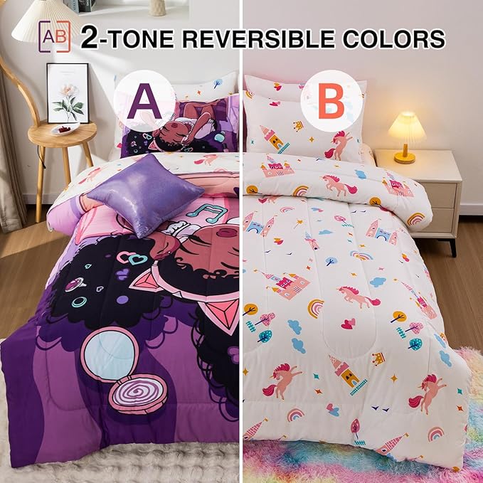 A Nice Night Purple Comforter Sets,Black Girl Listening Music Printed, 6Pcs Bed in A Bag Queen Size All Seasons Bedding Set,for Kids, Girls