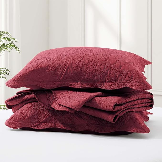 MOONLIGHT20015 King Quilt Bedding Set Size (106" x 96") + 2 Pillow Shams (20" x 36"+ 2") - 3 Pcs All Season Lightweight Reversible Quilt Bedspread Microfiber Floral Embossed Coverlet (Burgundy)