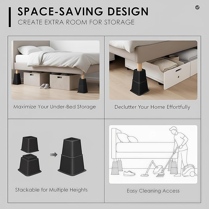 Bed Furniture Riser 4, 5 or 9 inches, Versatile Bed and Furniture Riser - Heavy Duty, Stackable, Supports 550 lbs Each Riser - Set of 8, Black