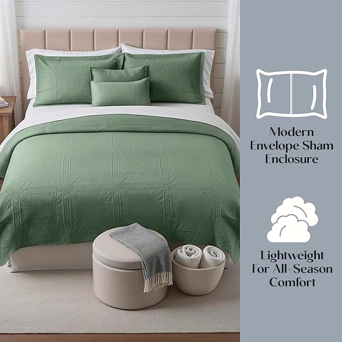 Hearth & Harbor Twin Quilt Set – All-Season Lightweight Bedspread & Coverlet with Pinsonic Weave - 5 Piece Twin Quilt Set with Pillow Shams, Sage Green - Twin Grid