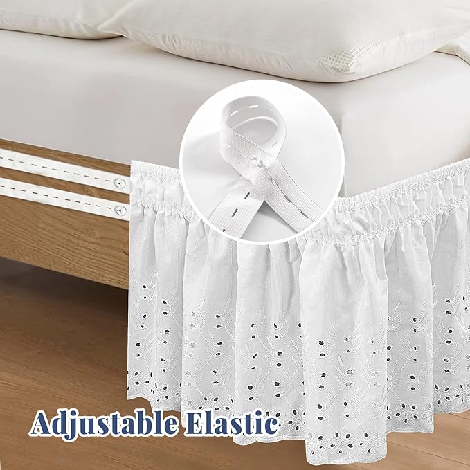 Full Bed Skirt, Wrap-Around Elastic Ruffled Eyelet Bed Skirt Full Size Dust Ruffle with Gathered Styling and Embroidered Details, 14" Drop Length (White)