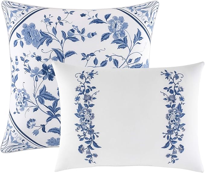 Laura Ashley - King Comforter Set, Reversible Cotton Bedding, Includes Matching Shams with Bonus Euro Shams & Throw Pills (Elise Blue, King)