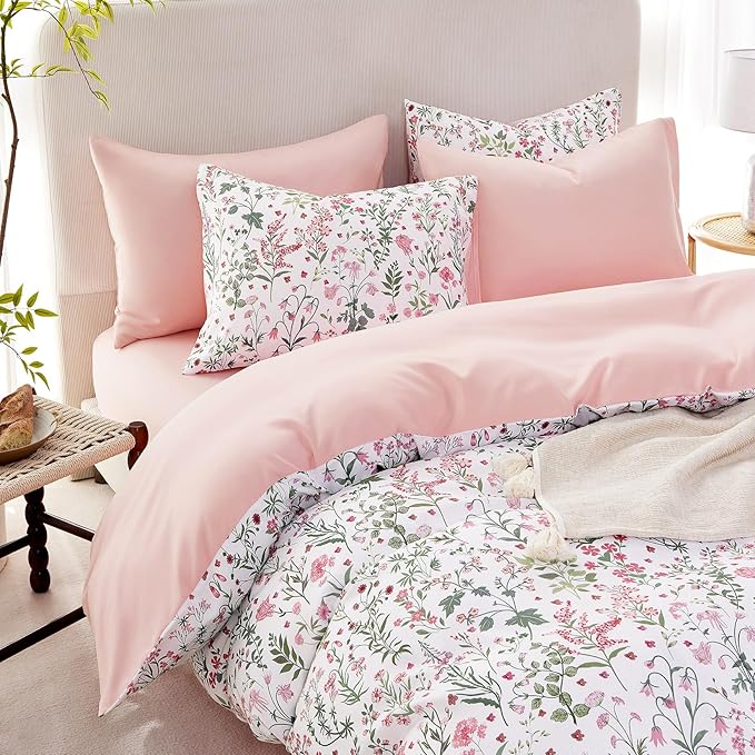 Wake In Cloud - Floral Duvet Cover Set, Shabby Chic Cottage Garden Botanical Flower Style with Elegant Wildflower Pattern, Soft Lightweight Bedding, 3 Pieces, Pink White, Twin/Twin XL Size