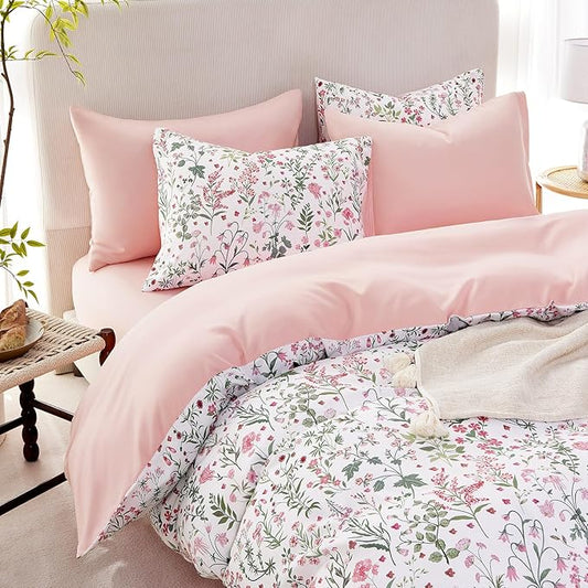 Wake In Cloud - Floral Duvet Cover Set, Shabby Chic Cottage Garden Botanical Flower Style with Elegant Wildflower Pattern, Soft Lightweight Bedding, 3 Pieces, Pink White, Twin/Twin XL Size