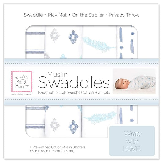 SwaddleDesigns Cotton Muslin Swaddle Blankets, Set of 4, Receiving Blankets for Baby Boys & Girls, Best Shower Gift, 46x46 inches, Denim Indigo
