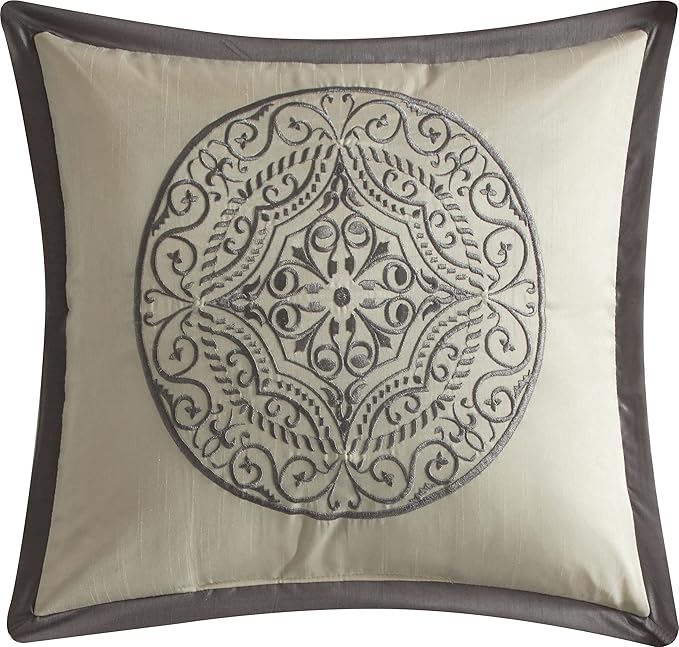 Grand Avenue Silver/Ivory Damask Patchwork King Comforter Set, 8 Piece, Jacquard Pillow Sham, Bedskirt, Decorative Pillow, All Season Bedding Set