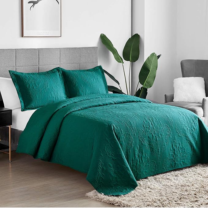 Hansleep Teal Quilt King Size - Damask Ultrasonic All Season Bedspread King, Soft Lightweight Coverlet Bedding Set, 3 Pieces (1 Quilt, 2 Pillow Shams)