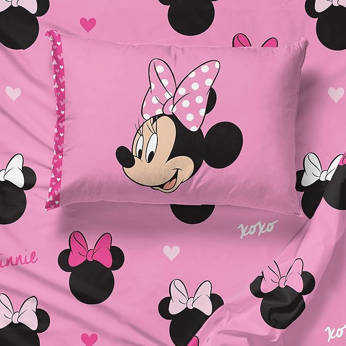 Jay Franco Disney Minnie Mouse Hearts N Love 4 Piece Twin Bed Set - Includes Reversible Comforter & Sheet Set - Super Soft Fade Resistant Microfiber - (Official Disney Product)