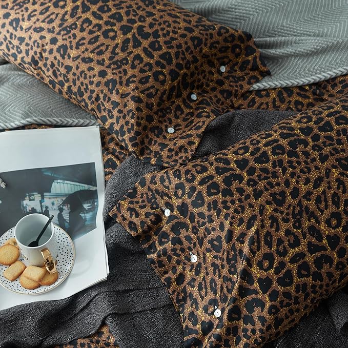 mixinni Leopard Print Duvet Cover California King Size Long Staple Cotton Bedding Set with Zipper Closure Ties, Perfect for Man and Woman, Ultra Soft and Easy Care (3pcs, California King Size)