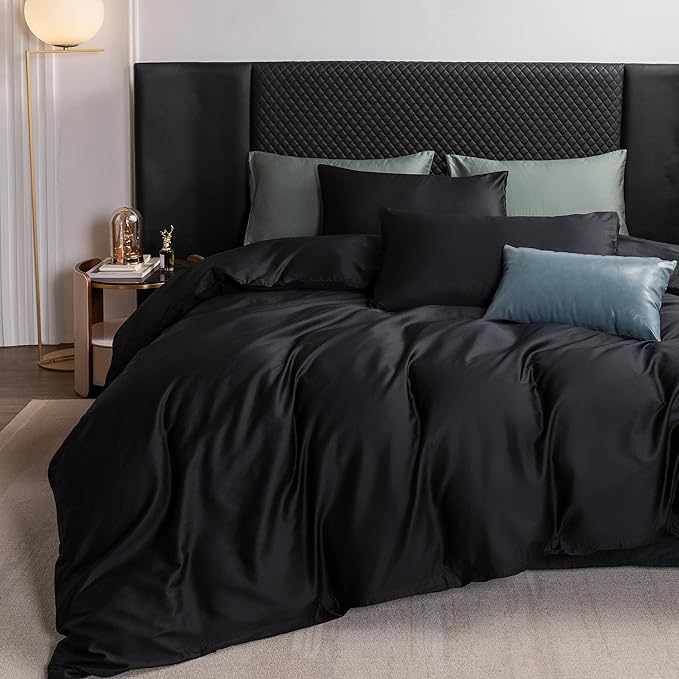MooMee Duvet Cover Set 100% Extra Long Staple Cotton 600 Thread Count Silky Sateen Smooth Luxury Soft Breathable Durable Hotel Quality Bedding, 3 Pieces (Black, King 104"x90")