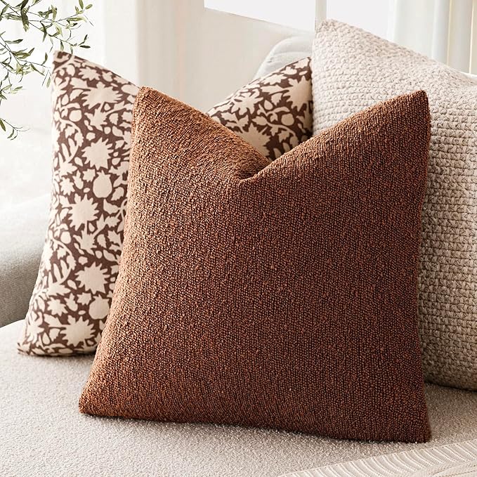Foindtower Pack of 2 Textured Boucle Throw Pillow Covers Accent Solid Pillow Cases Cozy Soft Decorative Couch Cushion Case for Chair Sofa Bedroom Living Room Home Decor 18x18 Inch Red Taupe