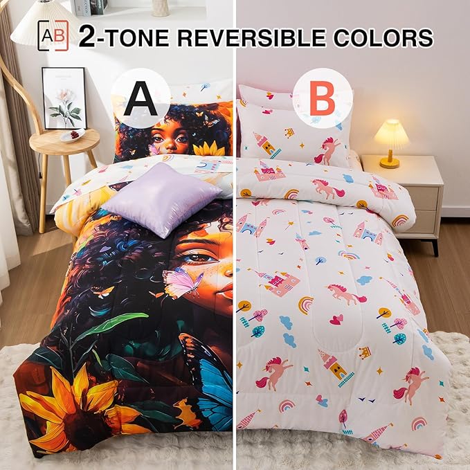 A Nice Night 6pcs Comforter Sets,Black Girl with Butterfly Flying Printed, Sunflower Flowering Shrubs Background Kids Bedding Set,Full