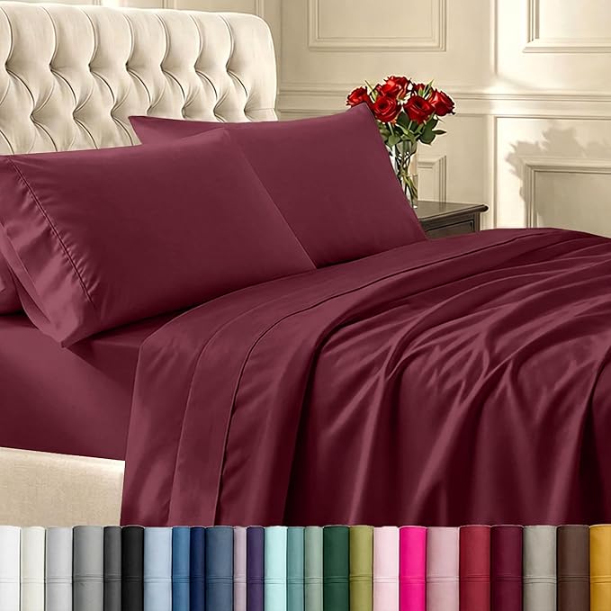 California Design Den Twin XL Sheet Sets - 400 Thread Count Sateen, 100% Cotton Sheets Set, Deep Pockets, and Durable Bedding for Dorm Rooms & Adults - Burgundy Red