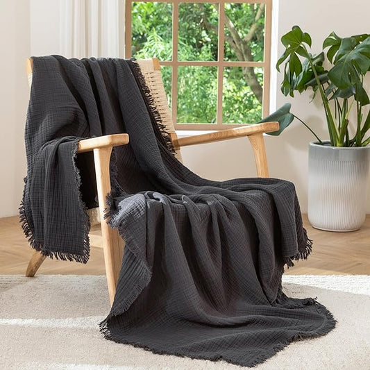 MooMee Muslin Blanket - 100% Cotton 4-Layer Gauze Throw Blanket with All-Around Fringe, Ultra-Soft Breathable Lightweight Cooling Decorative for Bed, Sofa & Couch (Dark Grey,Throw XL 50" x 70")